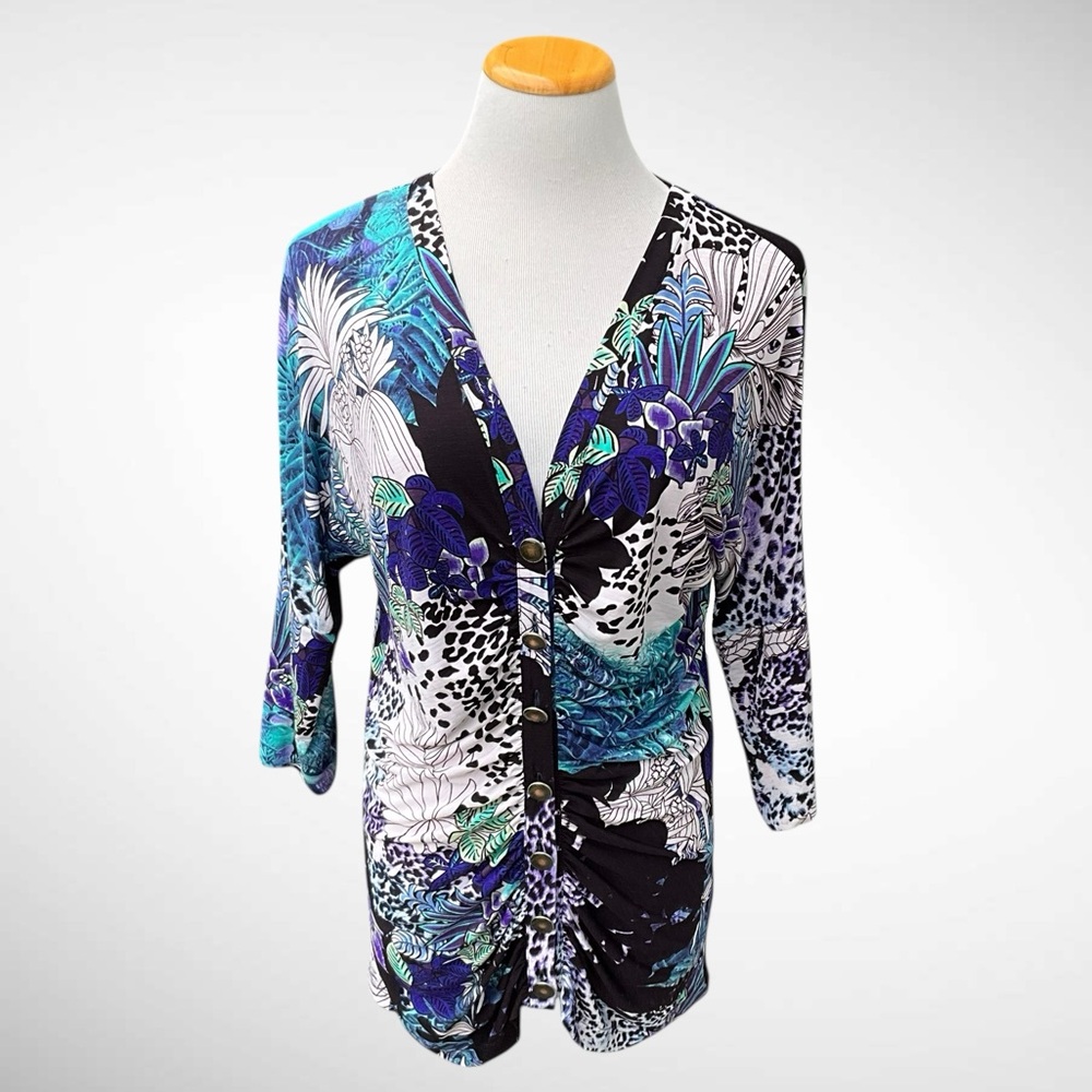 Scupin Fashion Buttonfront Ruched 3/4-Sleeve Print Blouse